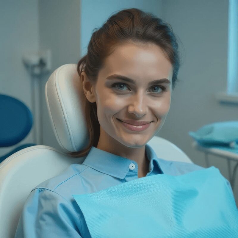 woman smiling inside a dental clinic