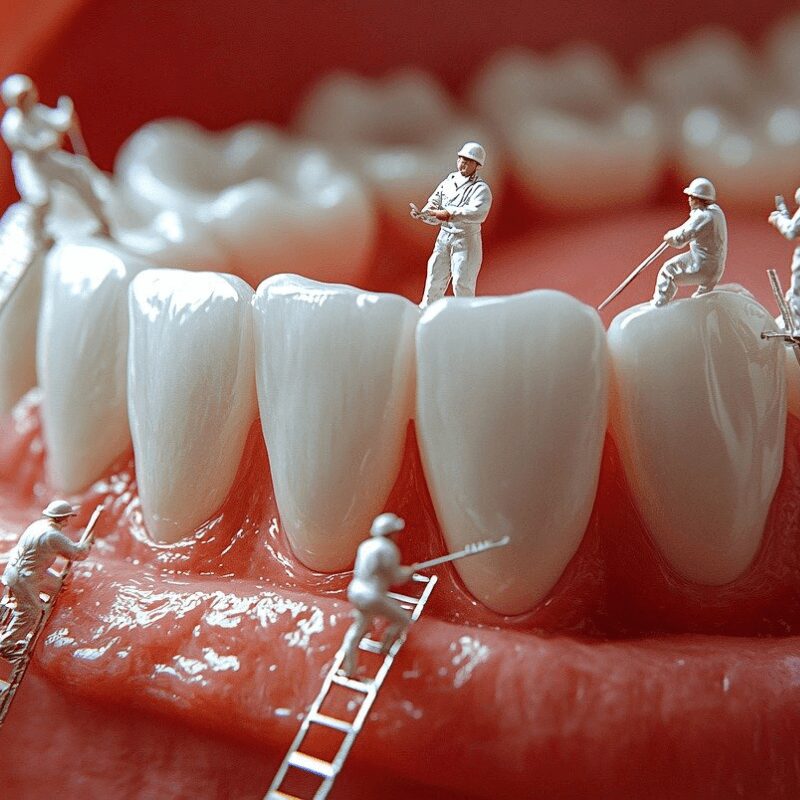 illustration of small white men cleaning teeth