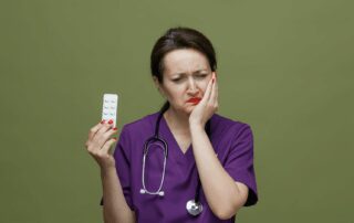 female doctor holding antibiotics while hodling her jaw because of tooth infection pain