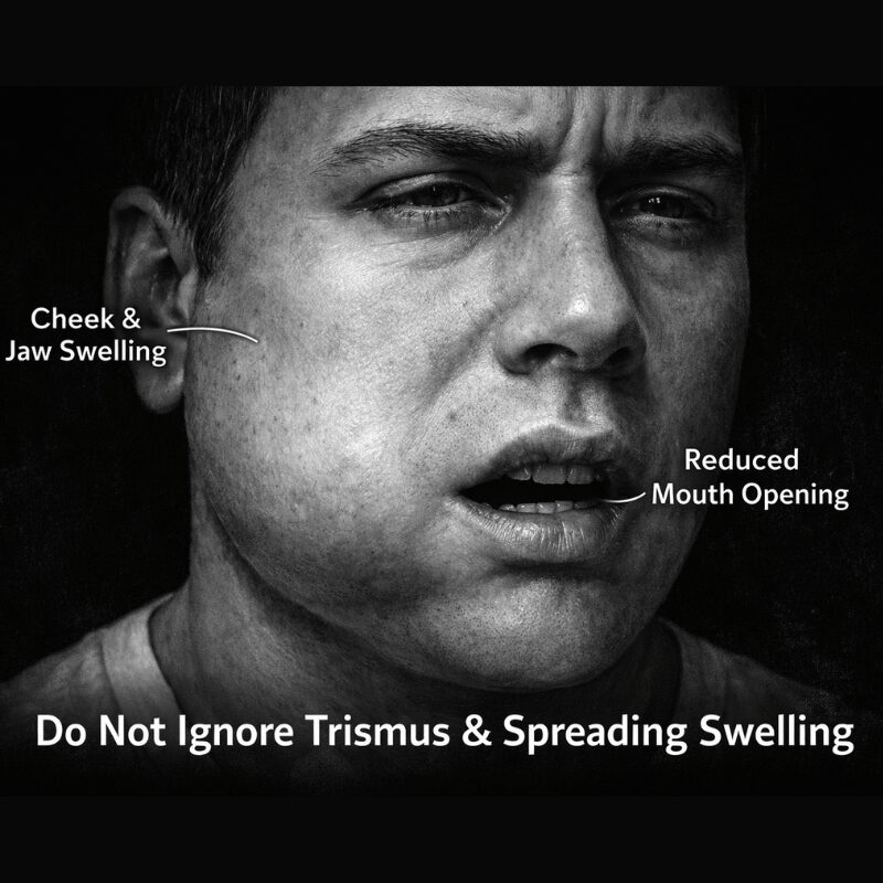 cheek swelling, jaw swelling, reduced mouth openeing due to wisdom tooth infection