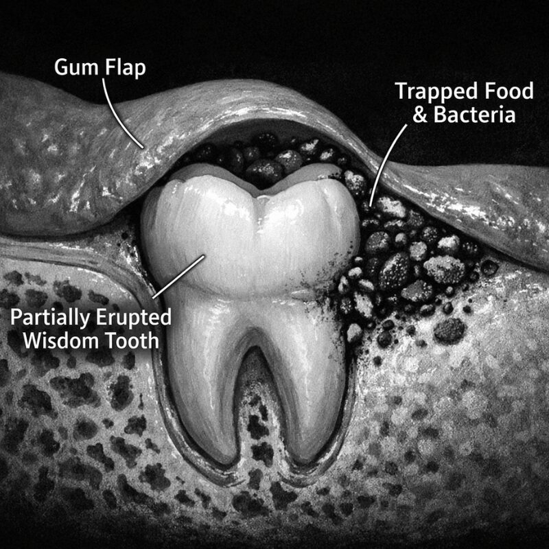 wisdom tooth trapped with bacteria under gum flap